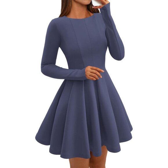 Dresses & Skirts - Women Grey Blue High Waist Pleated Flowy A Line Long Sleeve Casual Fall Dress